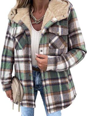 Cozy Hooded Flannel Plaid Shacket | Fleece Lined Warm Jacket for Women